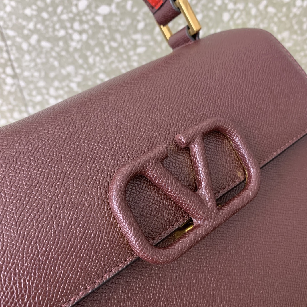 Valentino Garavani Vsling Medium Handbag in Burgundy Grainy Calfskin 